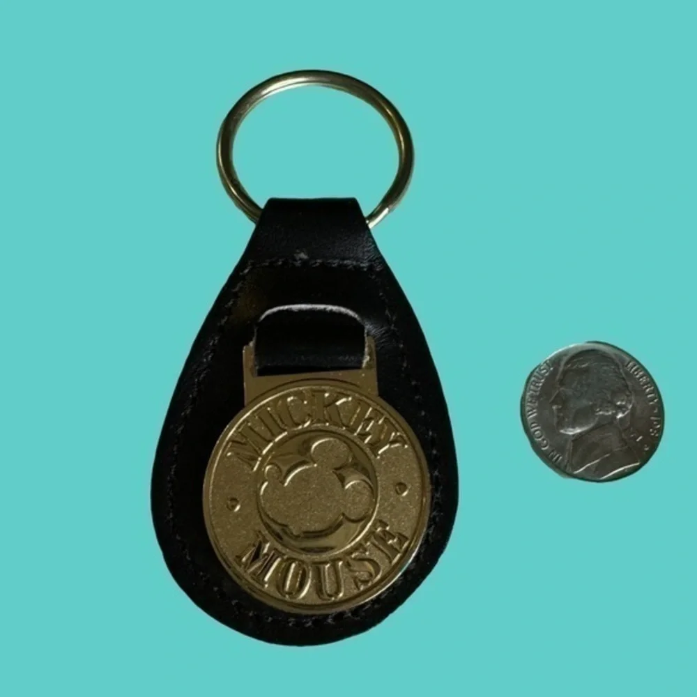 Vintage Mickey Mouse Disney Keychain Brass and Leather Fob